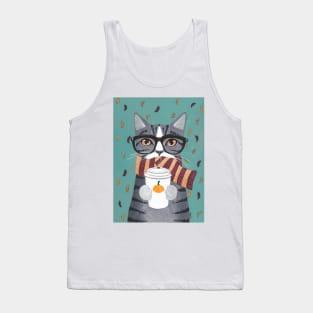 Grey Tabby Autumn Coffee Cat Tank Top